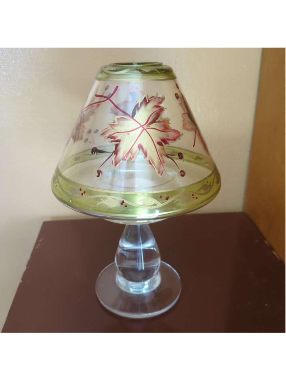 Yankee Candle Vintage Glass Shade Base Luster Leaf Red Gold 9 Inch